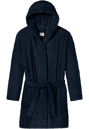 Accappatoio blu navy con cappuccio, realizzato in morbido tessuto testurizzato, dotato di cintura in vita, due tasche frontali e design con collo sciallato.