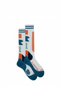 Calze al ginocchio con base bianca decorate da motivi blu, arancioni e blu scuro. Include elementi grafici e il testo "Gallo" e "R.Evolution".