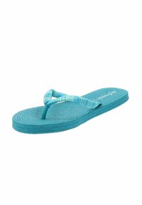 Chanclas turquesas con una suela texturizada, que cuentan con una tira de tela a rayas para mayor agarre y comodidad. Diseño ligero y casual.