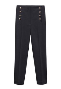 Černé přizpůsobené kalhoty s vysokým pasem, které mají na každé straně dvě řady po třech dekorativních stříbrných knoflících.