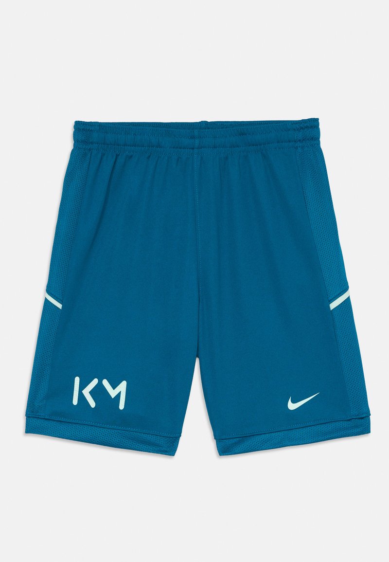 Shorts de sport teal en tissu respirant. Comprend une taille élastique, des panneaux latéraux perforés et des accents blancs avec les logos "KM" et Nike.