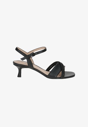 Schwarze Absatzsandalen mit elegantem Lederfinish. Verfügt über gekreuzte Riemen, eine strukturierte Akzentuierung und einen schlanken Stiletto-Absatz.