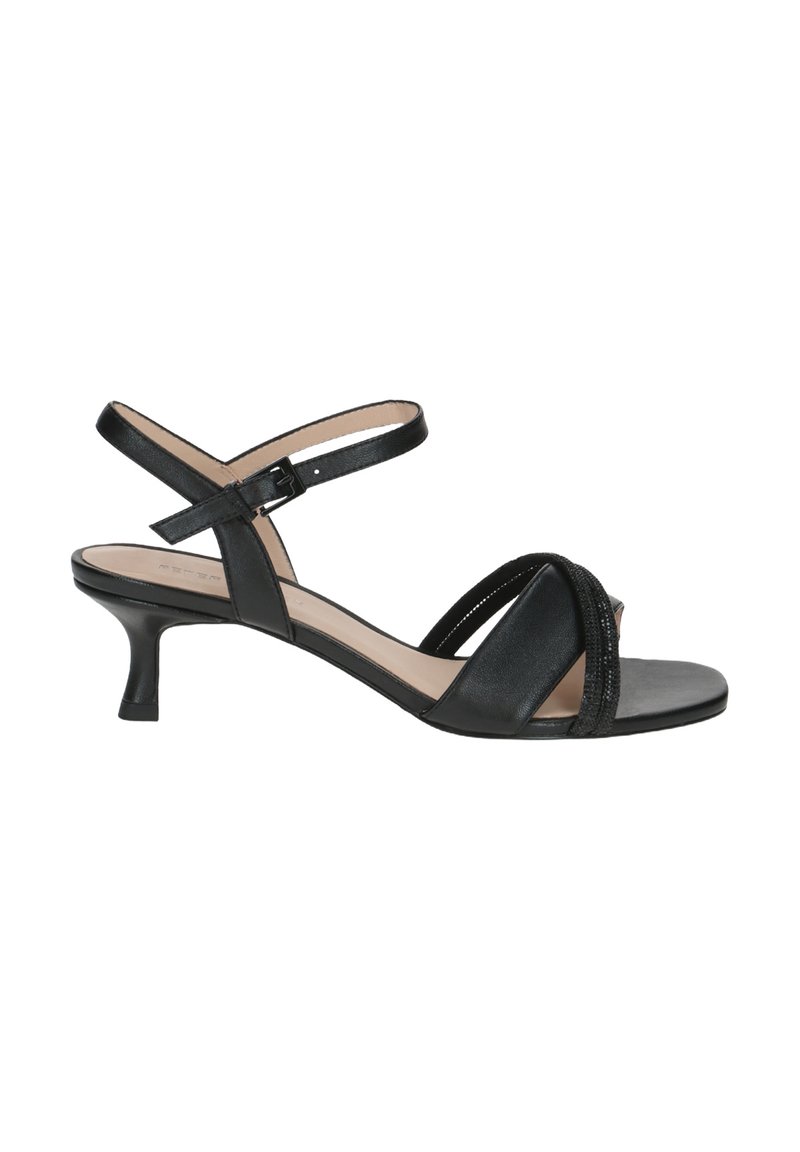 Schwarze Absatzsandalen mit elegantem Lederfinish. Verfügt über gekreuzte Riemen, eine strukturierte Akzentuierung und einen schlanken Stiletto-Absatz.