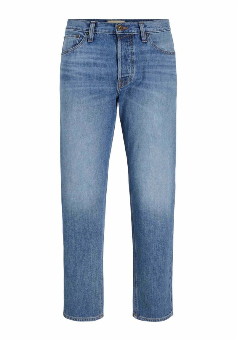 Jeans azzurri chiari a gamba dritta realizzati in denim. Presentano un bottone anteriore, passanti per cintura e aree leggermente sbiadite per un effetto di texture.