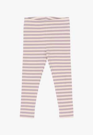 Leggings côtelés en rayures lilas clair et crème. Présentent une taille élastique et des jambes fuselées, fabriqués en tissu extensible doux.