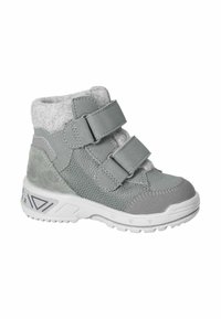 Botas grises hasta el tobillo con cintas de velcro, que cuentan con una combinación de materiales sintéticos texturizados y fieltro, y una suela de goma blanca con un patrón de tracción.