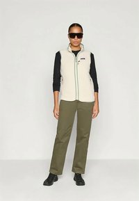 Γυναικείο γιλέκο φλις Patagonia σε κρεμ απόχρωση με πράσινο φερμουάρ, συνδυασμένο με μαύρη μακρυμάνικη μπλούζα και ελαιόφερτο παντελόνι; το μοντέλο φοράει μαύρα γυαλιά ηλίου.