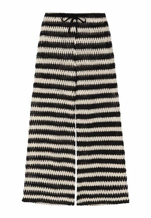 Black and white wide-leg knit pants with horizontal stripes and an elastic waistband featuring a drawstring tie.