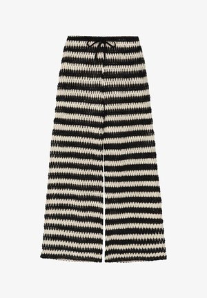 Black and white wide-leg knit pants with horizontal stripes and an elastic waistband featuring a drawstring tie.