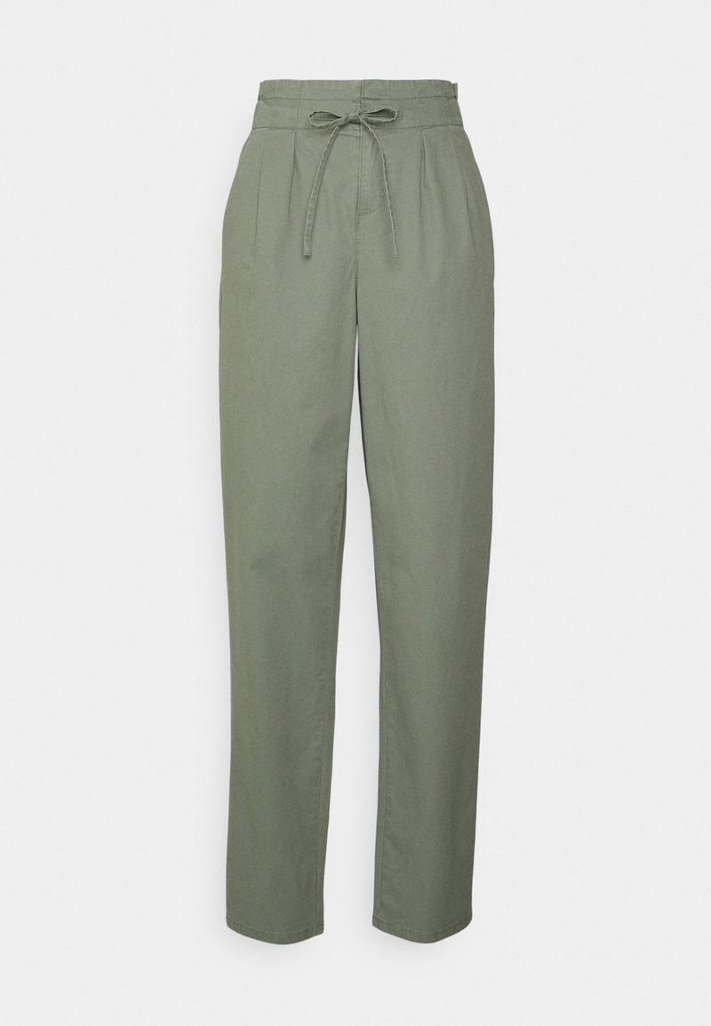 Calças de algodão verdes com cintura ajustável por cordão, frente pregueada e design de perna reta. Textura suave, adequadas para uso casual.