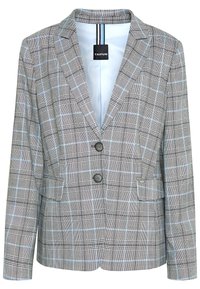 Blazer de cuadros grises con cierre de dos botones, solapas con muesca y bolsillos frontales. Tejido suave con un sutil acento azul en el patrón.