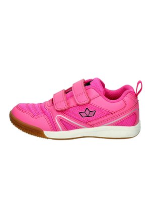 Children's bright pink sneaker with two velcro straps, rubber sole, and black logo on the side, viewed from the outer side.