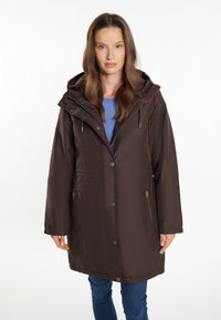 Brown waterproof parka with a detachable hood, snap closures, zip side pockets, long sleeves, and a textured finish.