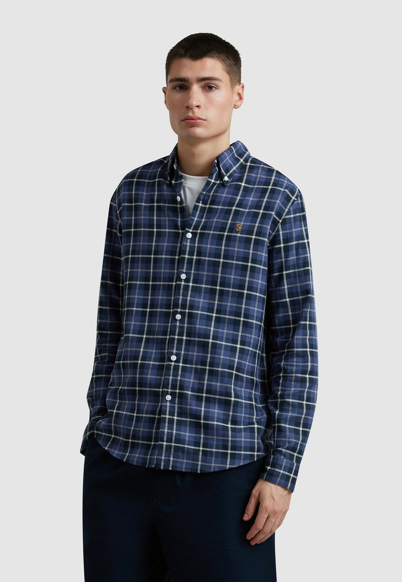 Camicia button-up a quadri navy con accenti bianchi e verdi, dotata di colletto, maniche lunghe e un piccolo logo ricamato sul petto.