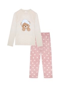 Maglietta lunga a maniche con crema morbida, con un orso che indossa un asciugamano in testa, abbinata a pantaloni rosa con un motivo di cuori bianchi.