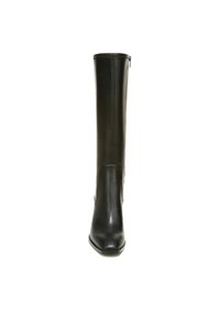 Black leather knee-high boot with a pointed toe, smooth texture, and side zipper detail. Simple design with minimal embellishments.