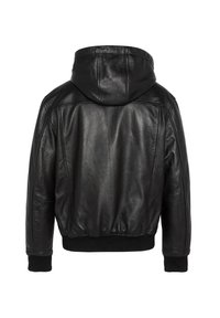 Veste en cuir noir avec capuche, munie d'un ourlet et de poignets côtelés, texture lisse et design simple, vue de dos.