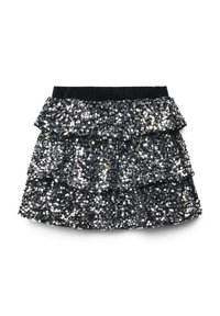 Gonna nera con paillettes, caratterizzata da un design a strati con ruche. Presenta una vita elastica e una superficie lucida e testurizzata in tutto il capo.