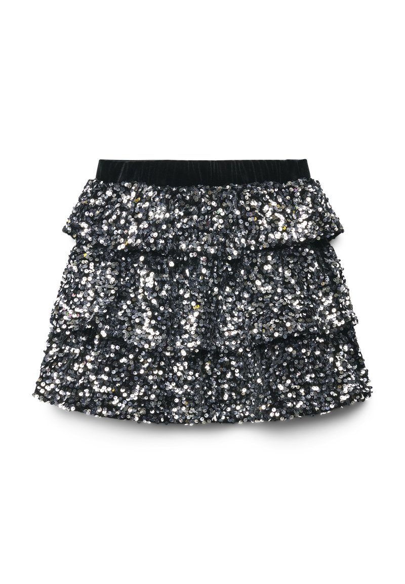 Gonna nera con paillettes, caratterizzata da un design a strati con ruche. Presenta una vita elastica e una superficie lucida e testurizzata in tutto il capo.