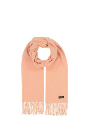 Sciarpa color pesco chiaro realizzata in materiale morbido, con bordi frangiati e un piccolo etichetta nera del marchio. Il design è a loop per un facile indossamento.