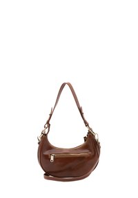 Borsa a mano in pelle marrone con forma curva, dotata di manico superiore, tasca laterale con zip e dettagli di cucitura a contrasto.