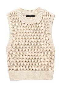 Ärmelloses Strickoberteil in Creme mit einem strukturierten, offenen Gewebemuster und einem gerippten Saum. Verfügt über einen runden Halsausschnitt und rohe Kanten.