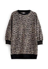 Felpa con stampa leopardata, collo a girocollo e polsini a coste neri, caratterizzata da un morbido tessuto e una vestibilità comoda.