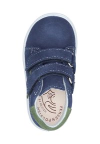 Blue suede sneaker with double Velcro straps, white rubber sole, and green accent on the heel. Interior features brand logo.