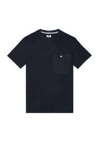 Navy blue cotton t-shirt featuring a round neckline, short sleeves, and a chest pocket with a label. Smooth texture, classic fit.