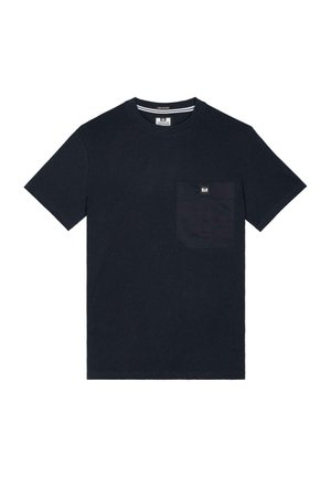 Navy blue cotton t-shirt featuring a round neckline, short sleeves, and a chest pocket with a label. Smooth texture, classic fit.