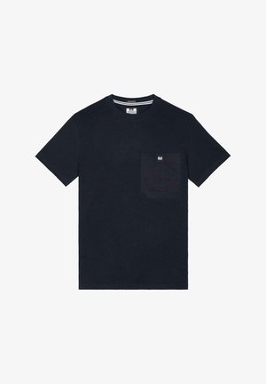 Marineblå bomulls t-skjorte med rund hals, korte ermer og brystlomme med etikett. Glatt tekstur, klassisk passform.
