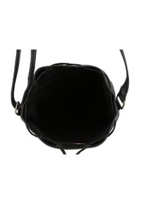 Black leather handbag with a soft texture, open top, and adjustable shoulder strap; features a single spacious compartment with no dividers.