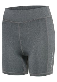 Grå atletiska shorts i ett stretchigt, texturerat material. Har en bred midja och kontrasterande sömmar, samt en märkeslogotyp på sidan.