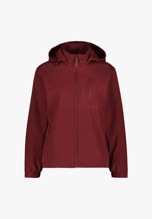Bordeauxrode capuchonjas met ritssluiting aan de voorkant, elastische manchetten en een borstzak met rits.