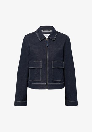 Veste en denim foncé avec fermeture éclair à l'avant, col pointu et deux poches à rabat à l'avant. Présente des coutures contrastées et un design court.