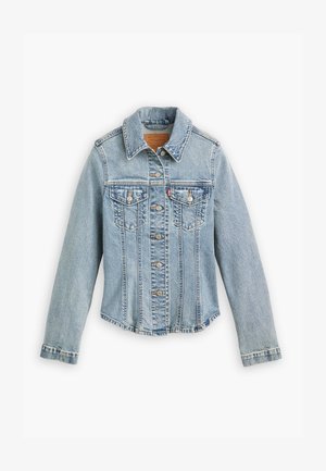 Svetlomodrá denimová bunda s našitými gombíkmi, dvoma náprsními vreckami a klasickým golierom. Obsahuje kontrastné švy a mierne skrátený lem.