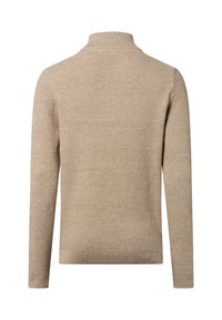 Beige trui met een hoge kraag, geribbelde textuur en lange mouwen. Kenmerkt zich door een geweven patroon met textuur en een rechte onderzoom.