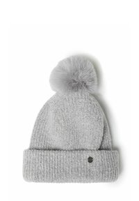 Gray knitted beanie hat with a thick ribbed cuff, featuring a fluffy gray pom-pom on top and a small metallic accent on the side.