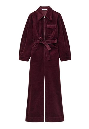 Burgunderfarbener Cord-Jumpsuit mit langen Ärmeln, Reißverschluss vorne, einer Brusttasche und einem Taillengürtel. Weite Beinform; strukturierter Stoff.