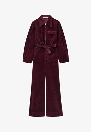 Burgundy corduroy jumpsuit with long sleeves, zip front, a chest pocket, and a waist tie. Wide-leg silhouette; textured fabric.