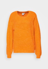 Oranger gestrickter Pullover mit rundem Halsauschnitt, langen Ärmeln und strukturiertem Finish. Hat ein Etikett im Nackenbereich.