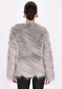 Jachetă gri din blană artificială cu o textură lungă și pufoasă și un guler rotunjit. Dispune de o croială dreaptă și mâneci lungi. Pantaloni negri, netezi, vizibili.