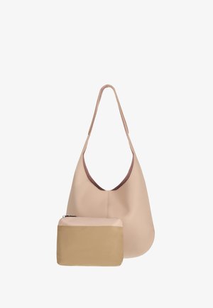 Beige Leder-Umhängetasche mit einem einzelnen Riemen und einer kleinen passenden beige-braunen Reißverschlusstasche vorne.