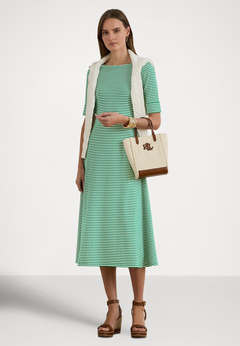 Lauren Ralph Lauren STRIPED STRETCH COTTON RIBBED MIDI DRESS - T-Shirt Dress  - stem/white/green - Zalando.ie