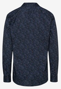 Tummansininen pitkähihaainen paita, jossa on kukkakuvio, klassinen kaulus ja nappikaulukset, valmistettu kevyestä kankaasta.