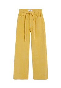 Pantalones de pana amarillos de pierna ancha con cintura ajustable, dos bolsillos frontales y un patrón de relieve texturizado en toda su superficie.