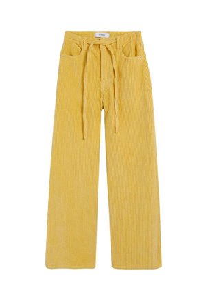 Pantalones de pana amarillos de pierna ancha con cintura ajustable, dos bolsillos frontales y un patrón de relieve texturizado en toda su superficie.