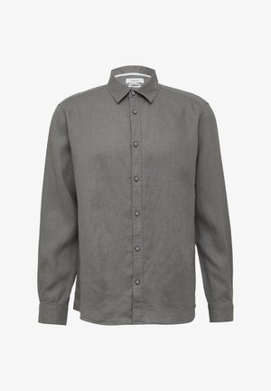Long-sleeve gray button-up shirt with a pointed collar, made of a textured fabric, featuring six buttons down the front and buttoned cuffs.