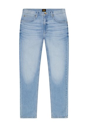 Svetlomodré úzke rifle so zadnými a prednými vreckami, zapínaním na gombík a zips a jemne vyšúchanými detailmi na stehnách a kolenách.