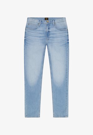 Svetlomodré úzke rifle so zadnými a prednými vreckami, zapínaním na gombík a zips a jemne vyšúchanými detailmi na stehnách a kolenách.